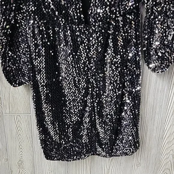 ICHI Wilde Black Silver Sequin Long Sleeve Dress V Neck Open Back Medium NEW - Picture 6 of 13